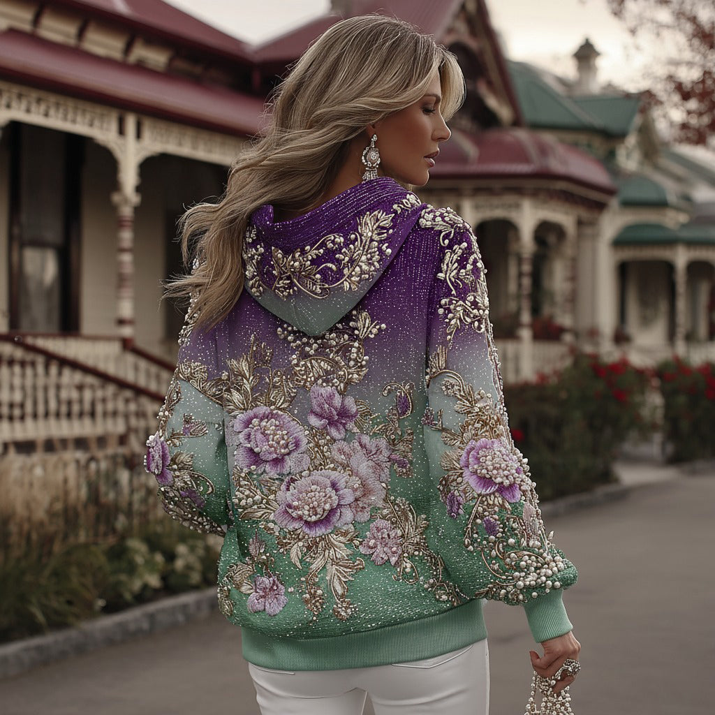 Comstylish Women's Retro Purple Rose Gradient Art Pattern Casual Hoodie