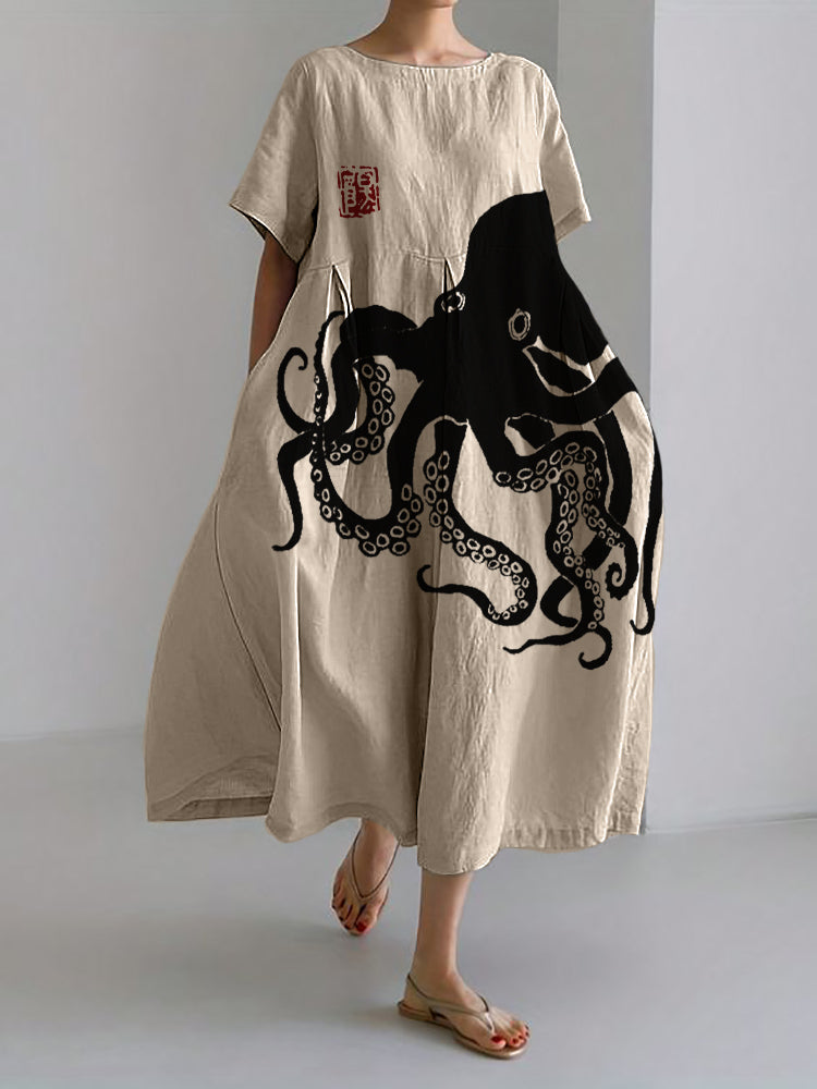 Octopus Japanese Lino Art Linen Blend Maxi Dress