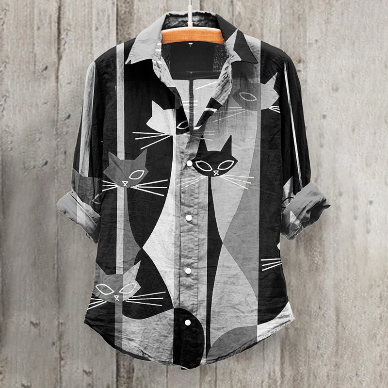 Art Cat Print Lapel Long Sleeve Shirt elevenforest