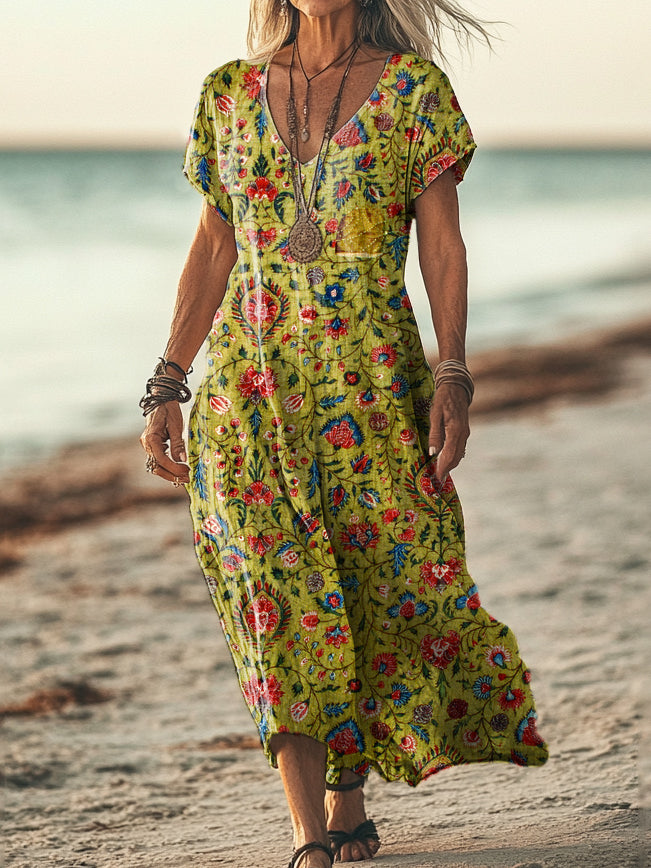 Women's Ethnic Floral Art Print Sleeveless V-Neck Pocket Cotton Dress