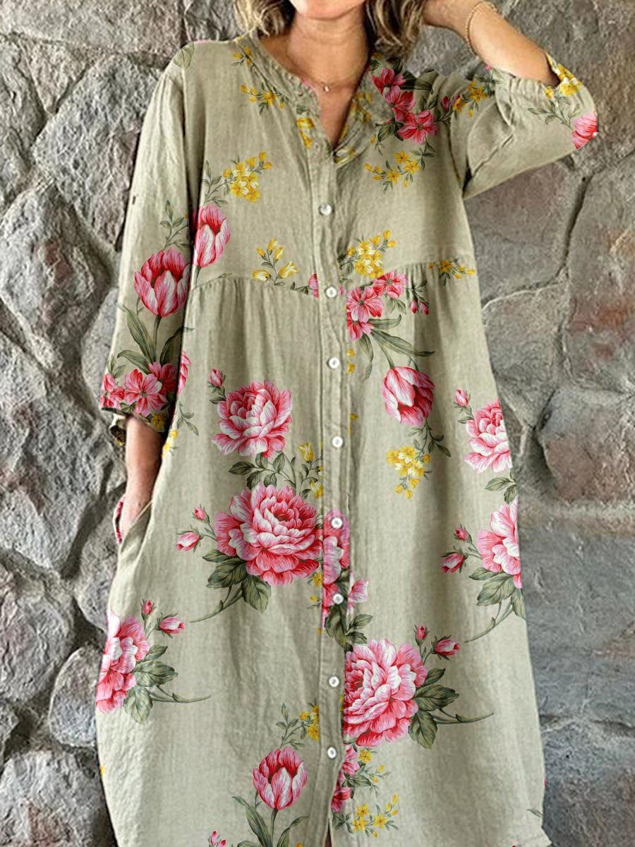 Women's Elegant Vintage Rose Floral Shirt Style Cotton and Linen Dress