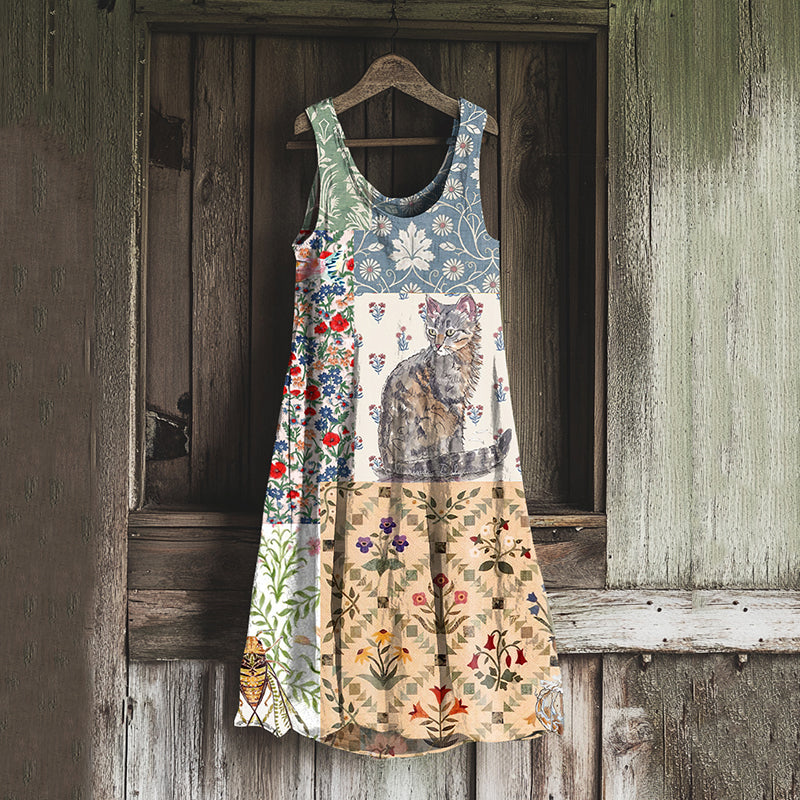 Vintage Patchwork Cute Cat And Floral Art Linen Tank Dress artswardrobe