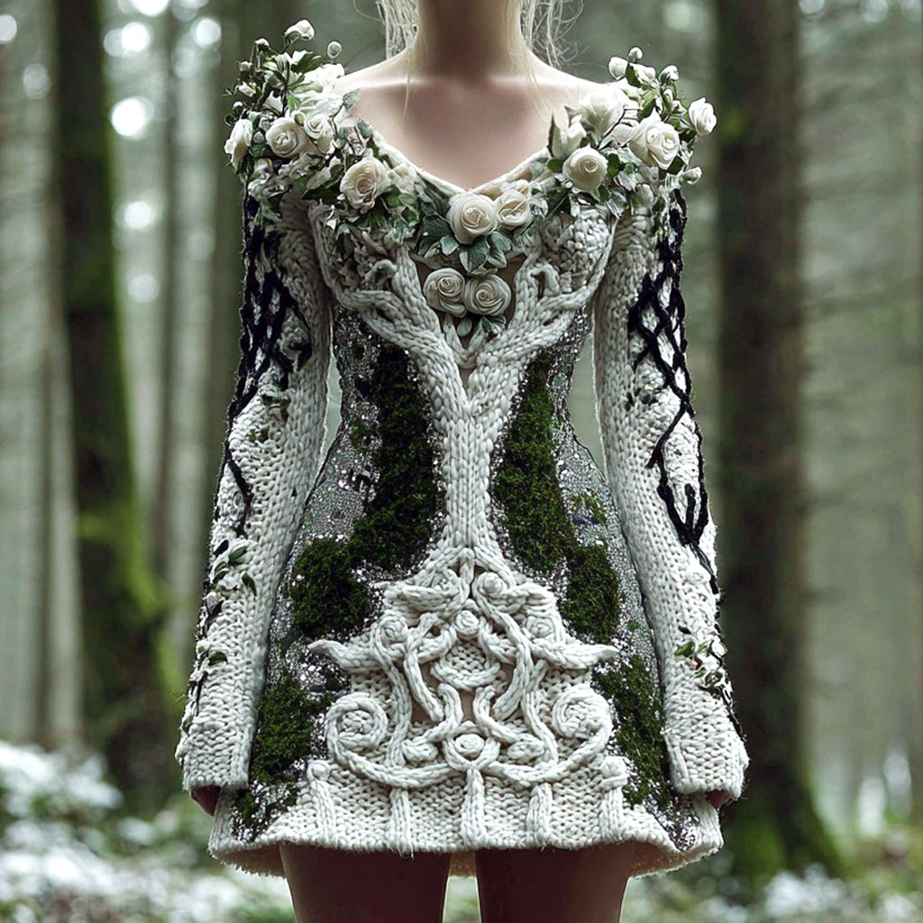 Women's Life Of Tree Celtic Knot With Rose Art Cozy Knit V-neck Sweater Dress artswardrobe