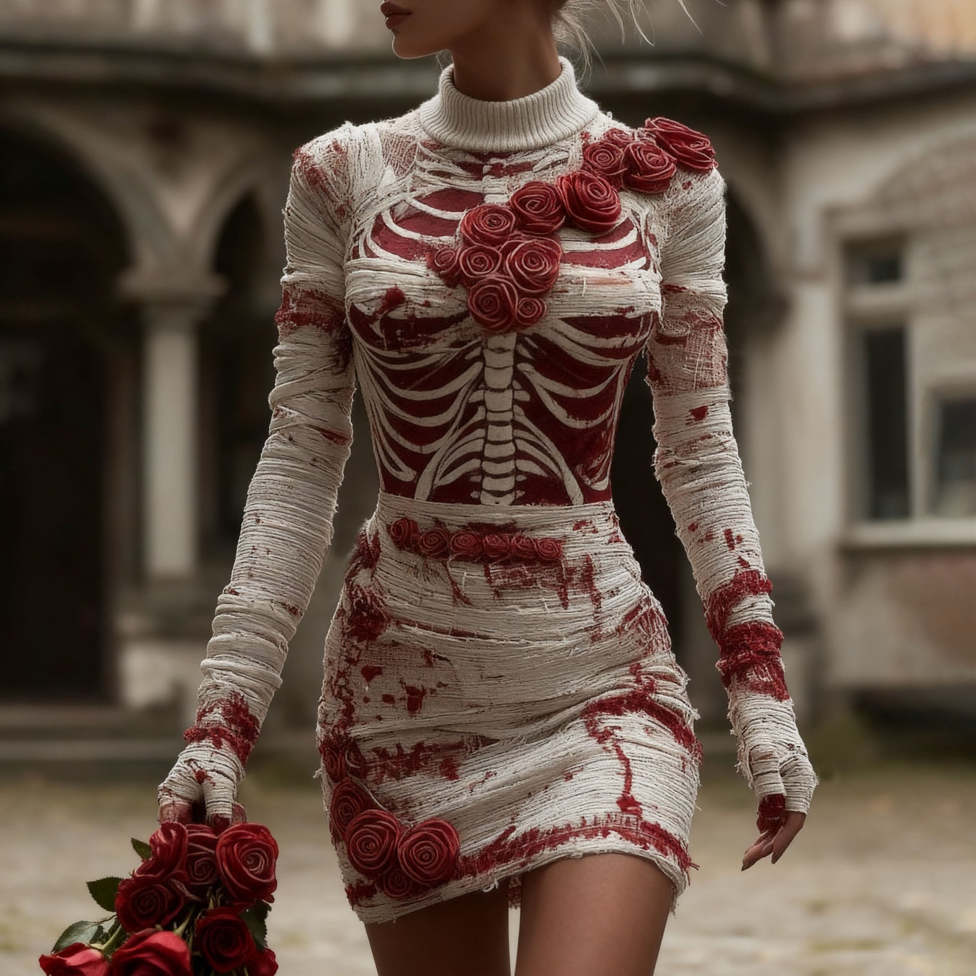 Women's Vintage Halloween Skeleton Red Rose Art Knit Mini Sweater Dress artswardrobe