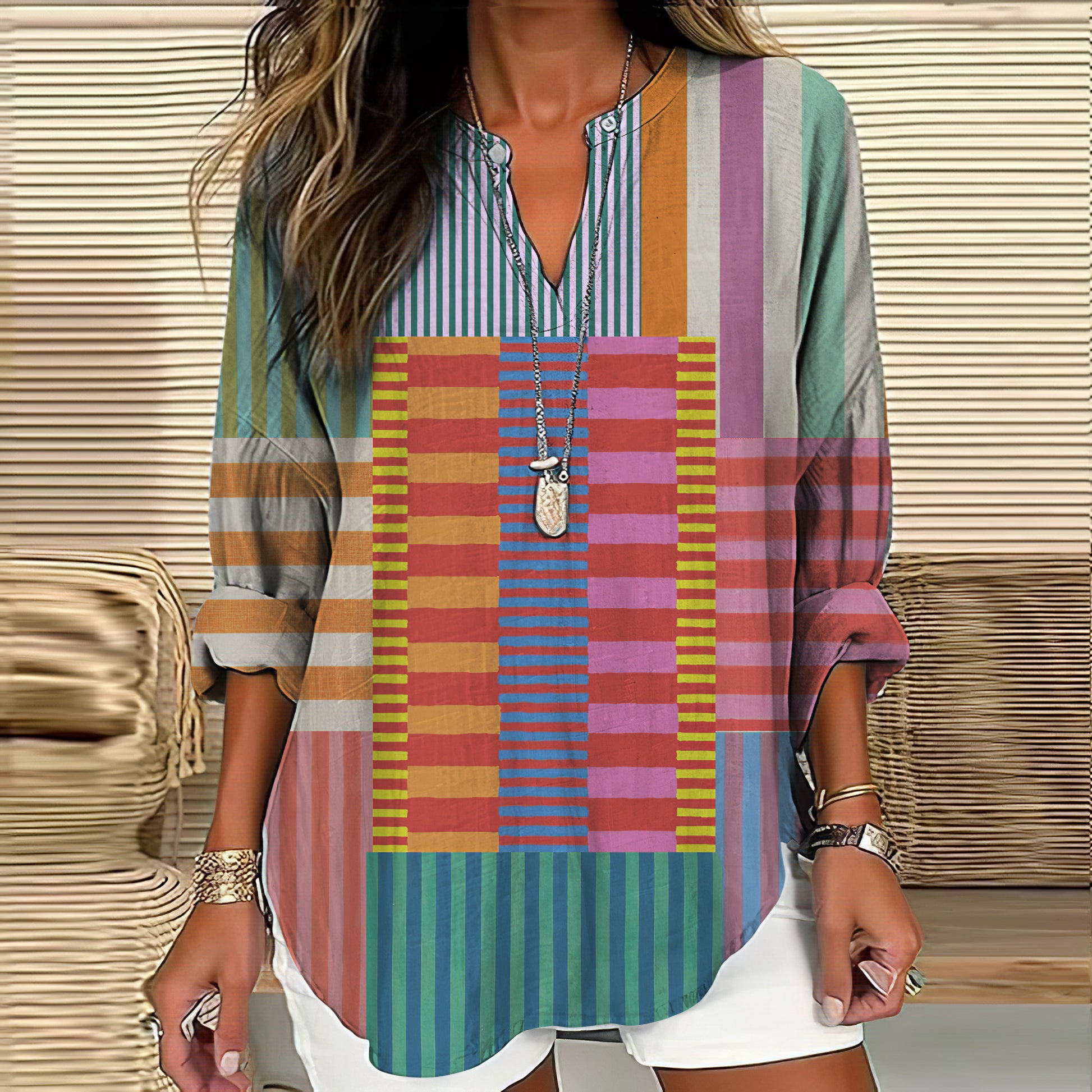 Comstylish Vintage Geometric Abstract Art Women's Linen V-neck Long Sleeve Shirt