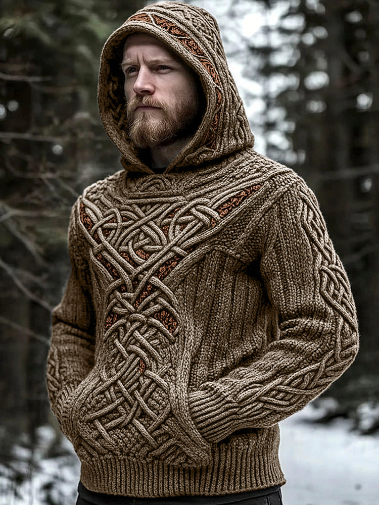 Men's Viking Jacquard Celtic Style Cozy Knit Hooded Sweater artswardrobe