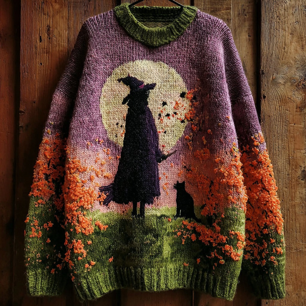 Halloween Witch And Black Cat Pattern Knitted Warm Sweater artswardrobe