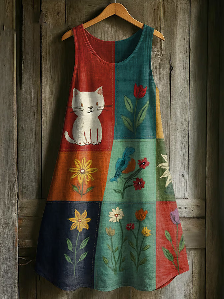 Comstylish Women's Japanese Art Embroidery Floral Cat Print Dress