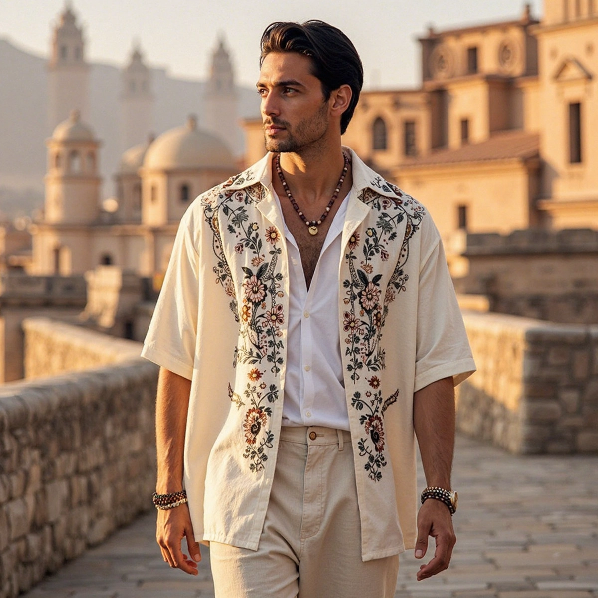 Men's Boho Floral Casual Linen Short Sleeve Shirt artswardrobe