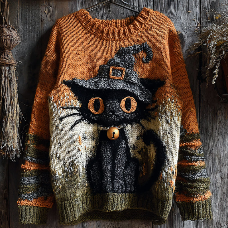 Halloween Cute Witch Cats Art Cozy Knit Sweater artswardrobe