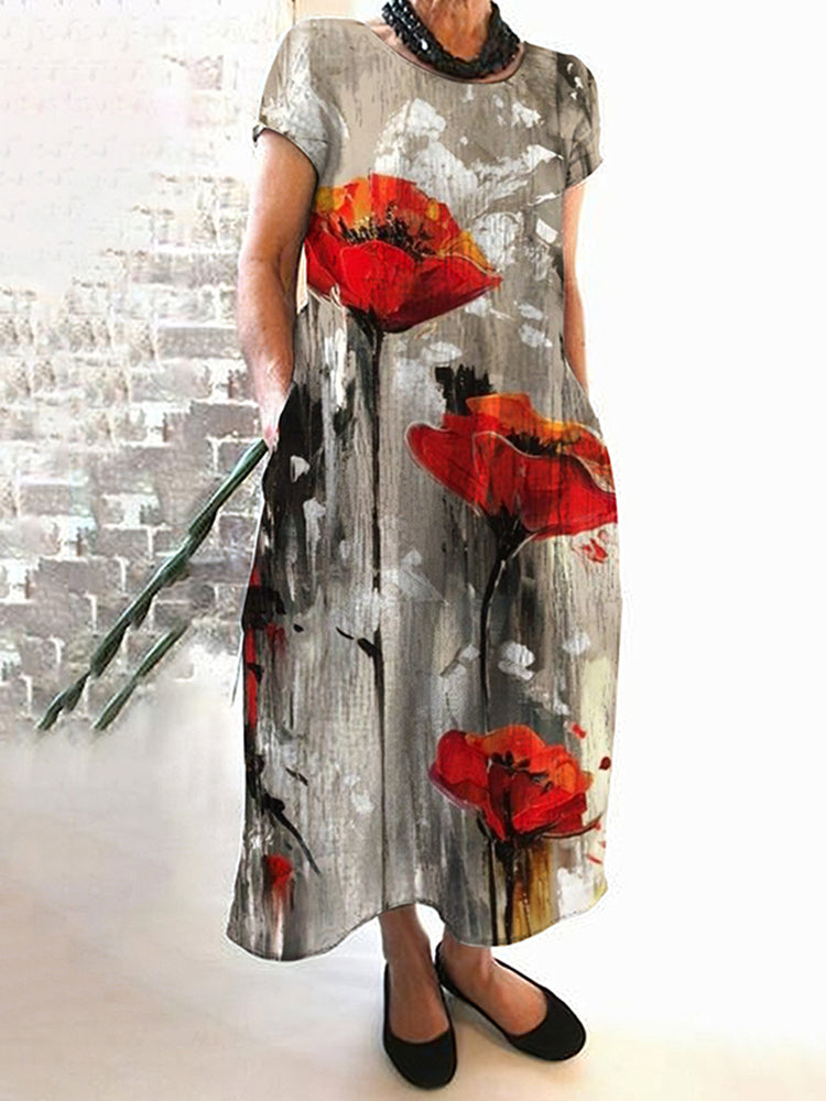 Casual Red Floral Pattern Dress