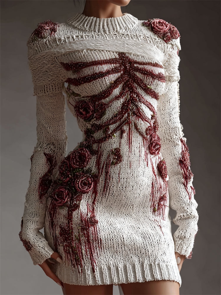 Classy Bloody Skeleton Anatomy Roses Beaded Bandages Sweater Dress artswardrobe