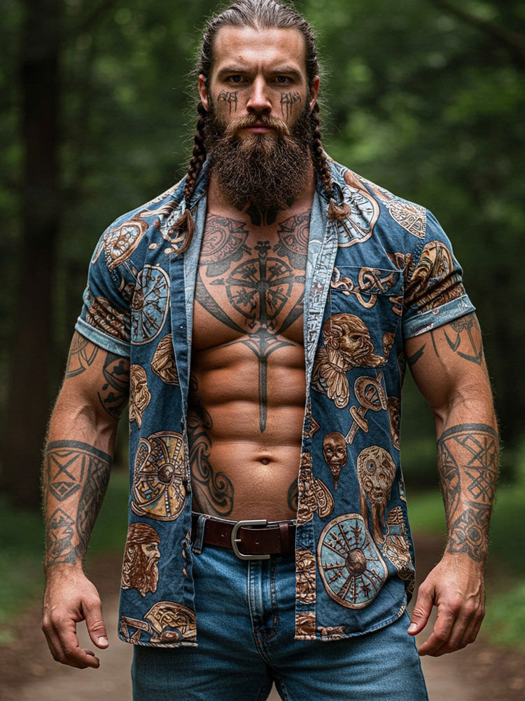 Vintage Viking Rune Print V Neck Short Sleeve Shirt artswardrobe