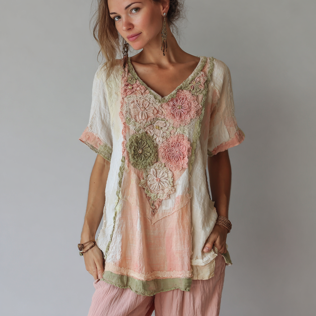 Women's Vintage Floral Color Block Linen Short Sleeve T-shirt artswardrobe