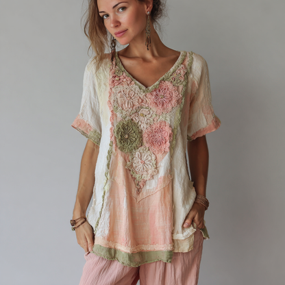 Women's Vintage Floral Color Block Linen Short Sleeve T-shirt artswardrobe