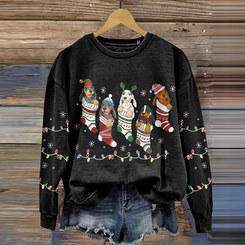 Comstylish Dachshund Dogs Christmas Hat Lights Small Christmas Stocking Art Print Crew Neck Casual Sweatshirt