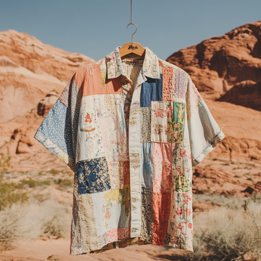 Men's Floral Applique Patchwork Art Casual Short Sleeve Shirts artswardrobe