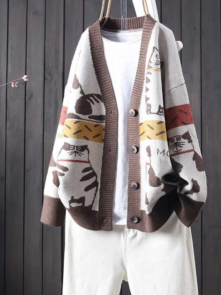 Cute Cat Pattern Loose Fit Comfy Knit Cardigan elevenforest