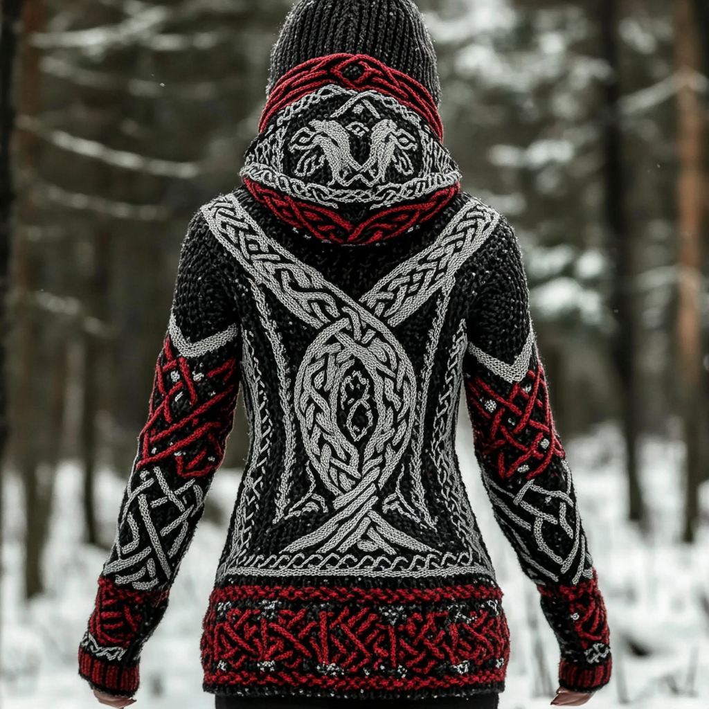 Women's Viking Style Knitted Jacquard Hooded Cardigan Sweater artswardrobe