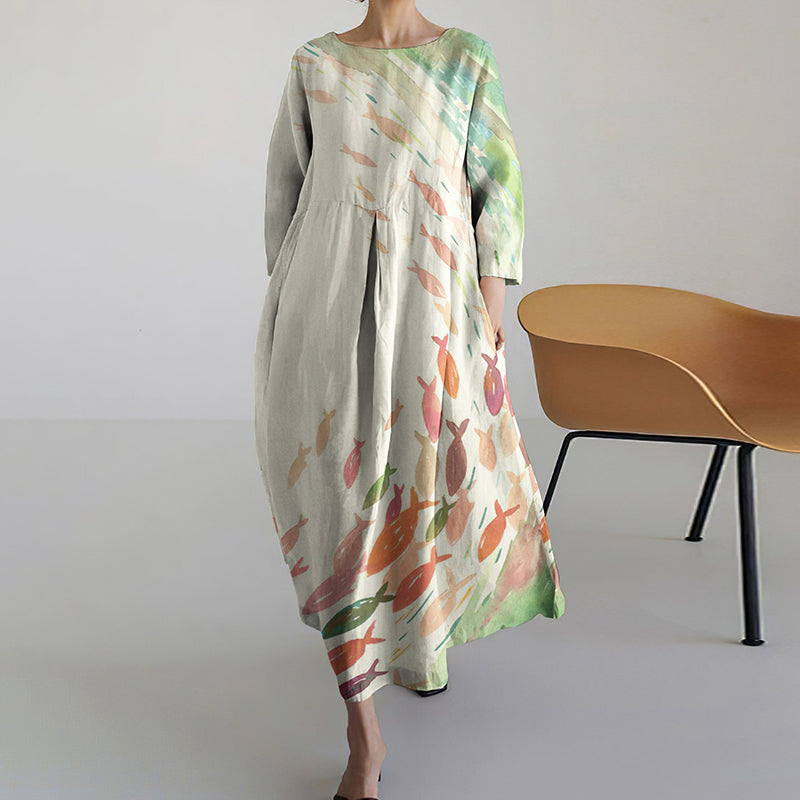 Comstylish Fish Print Crew Neck Casual Midi Dress