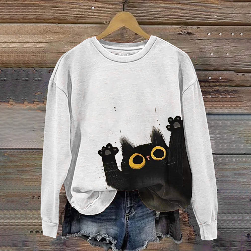 Comstylish Funny Black Cat Print Casual Crew Neck Sweatshirt