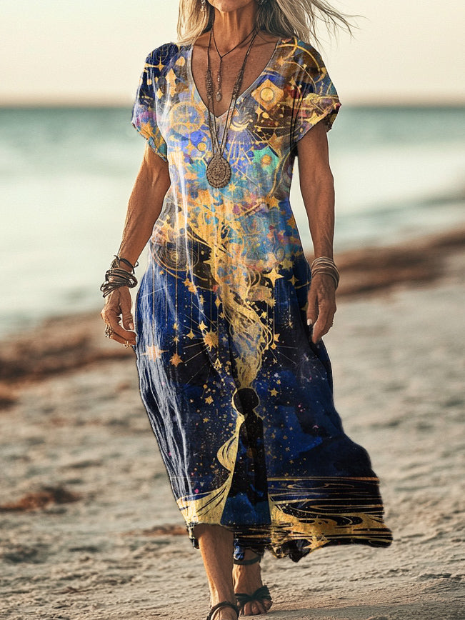 Women's Star Pattern Art Print Pocket Cotton Dress