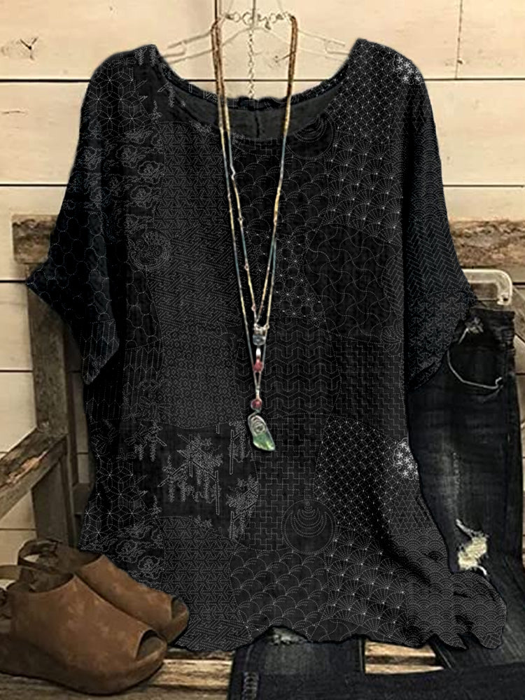 Comstylish Japanese Traditional Sashiko Art Flowy Tunic