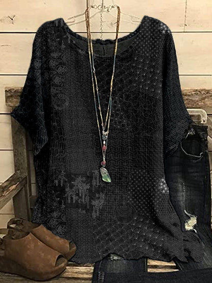 Comstylish Japanese Traditional Sashiko Art Flowy Tunic