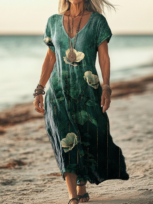 Women's Vintage Floral Art Print Pocket Cotton Dress