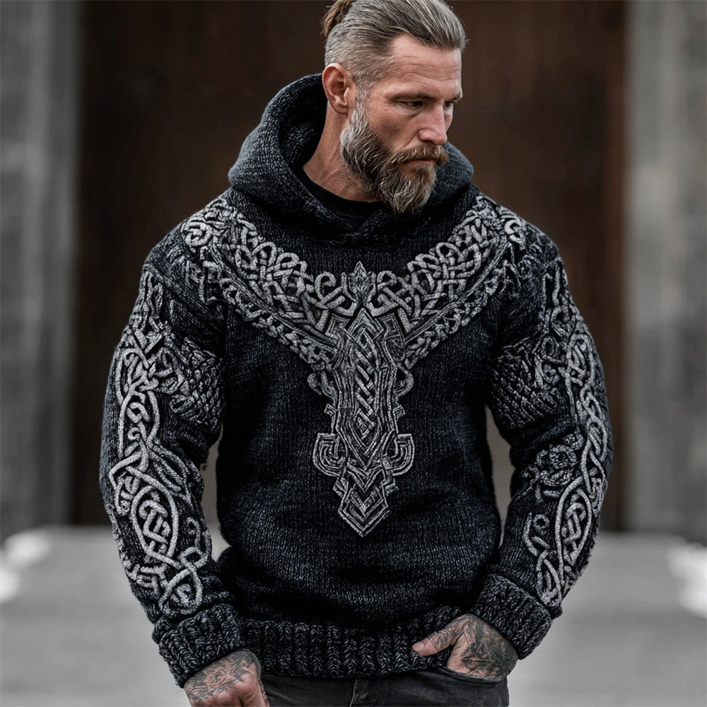 Viking Thor's Hammer & Celtic Knot Men's Hooded Knit Sweater artswardrobe
