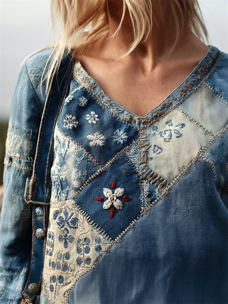 Comstylish Vintage Floral Japanese Sashiko Embroidered Patchwork Linen Tunic