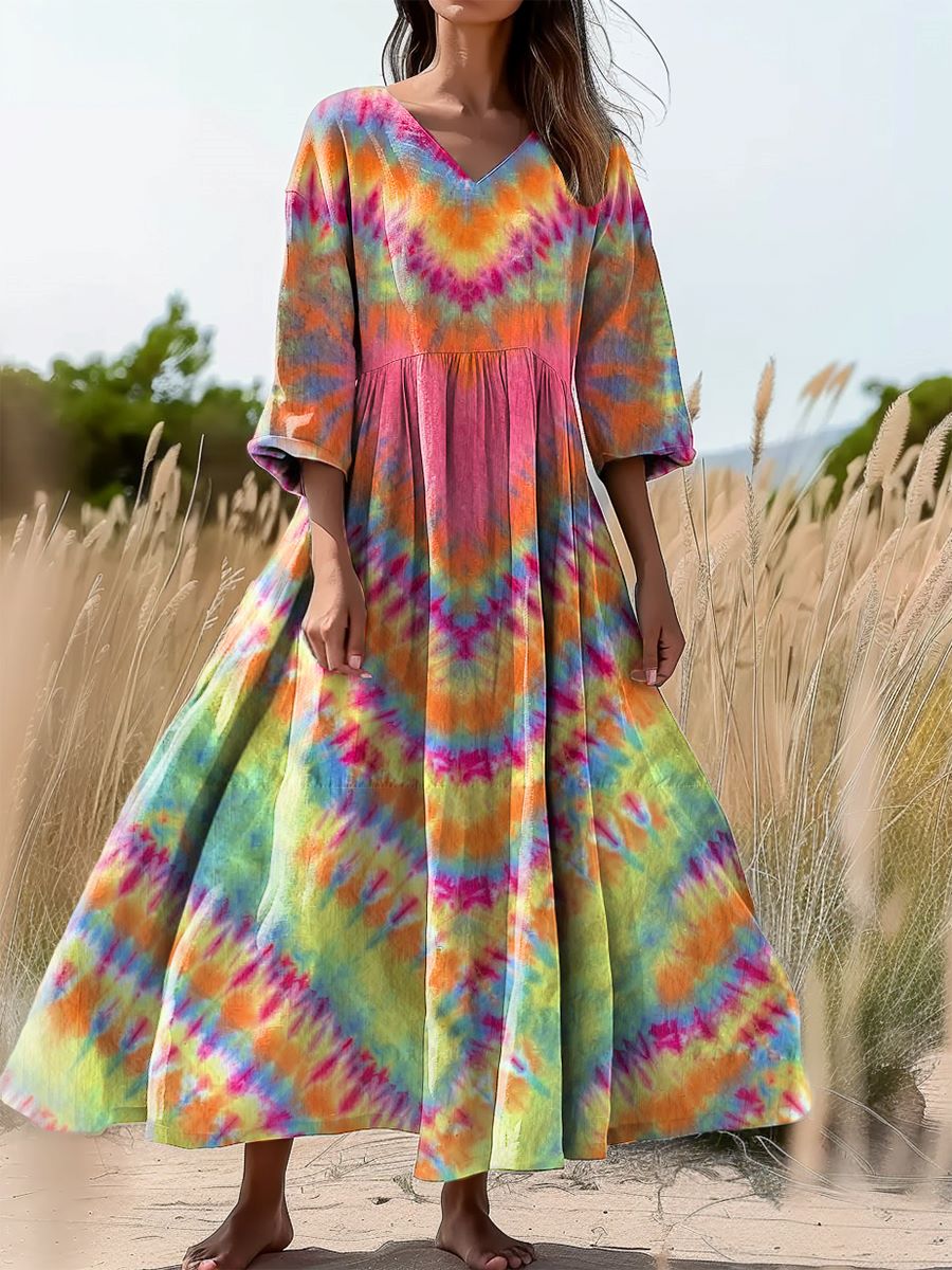 Women's Tie-Dye Heart Pattern Art Print Flowy V-Neck Cotton Dress