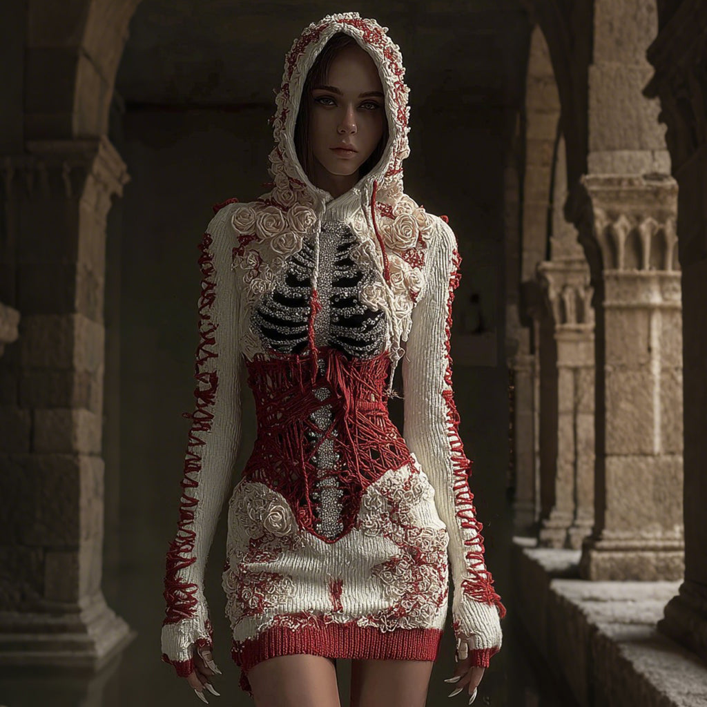 Comstylish Vintage Skull Anatomy Bloodstained Bandage Contrast Color Knitted Hooded Mini Skirt