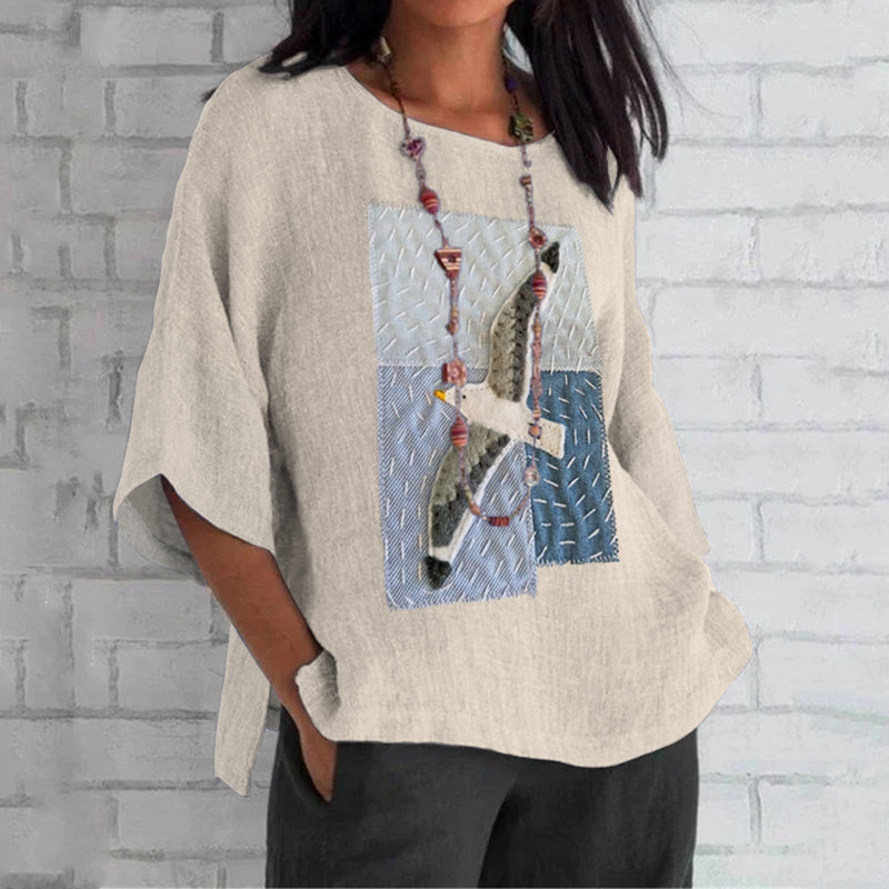 Comstylish Women's Seagull Sashiko Patchwork Art Loose Crew Neck Tops