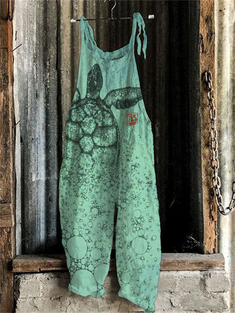 Comstylish Sea Turtle Japanese Lino Art Linen Blend Jumpsuit