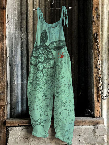 Comstylish Sea Turtle Japanese Lino Art Linen Blend Jumpsuit