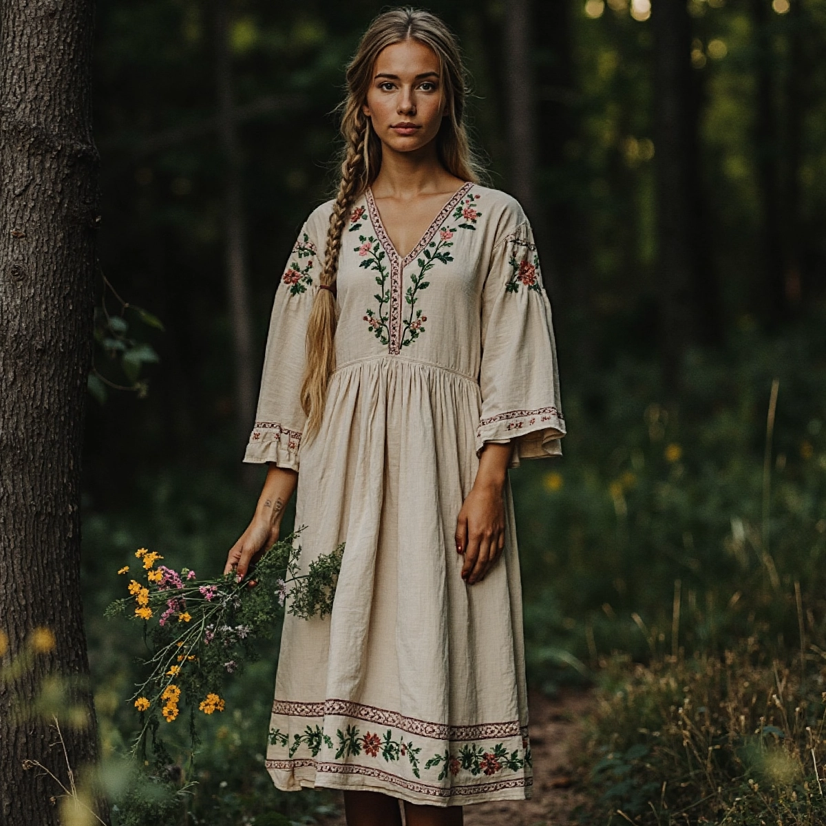 Vintage Plant Floral Embroidered V-neck Cotton Linen Dress artswardrobe