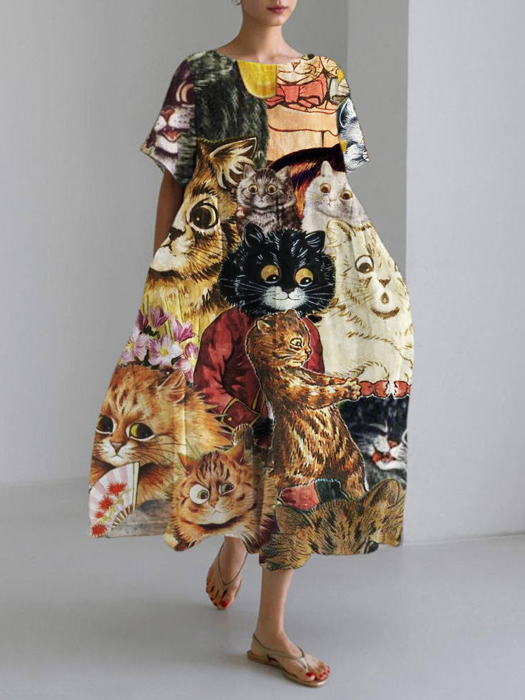 Vintage Cute Cat Print Women's Linen Maxi Dress elevenforest