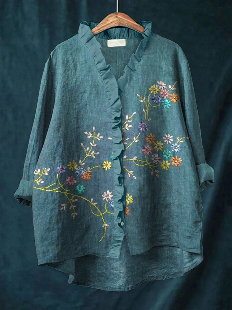 Comstylish Colorful Floral Embroidered Linen Ruffled Shirts