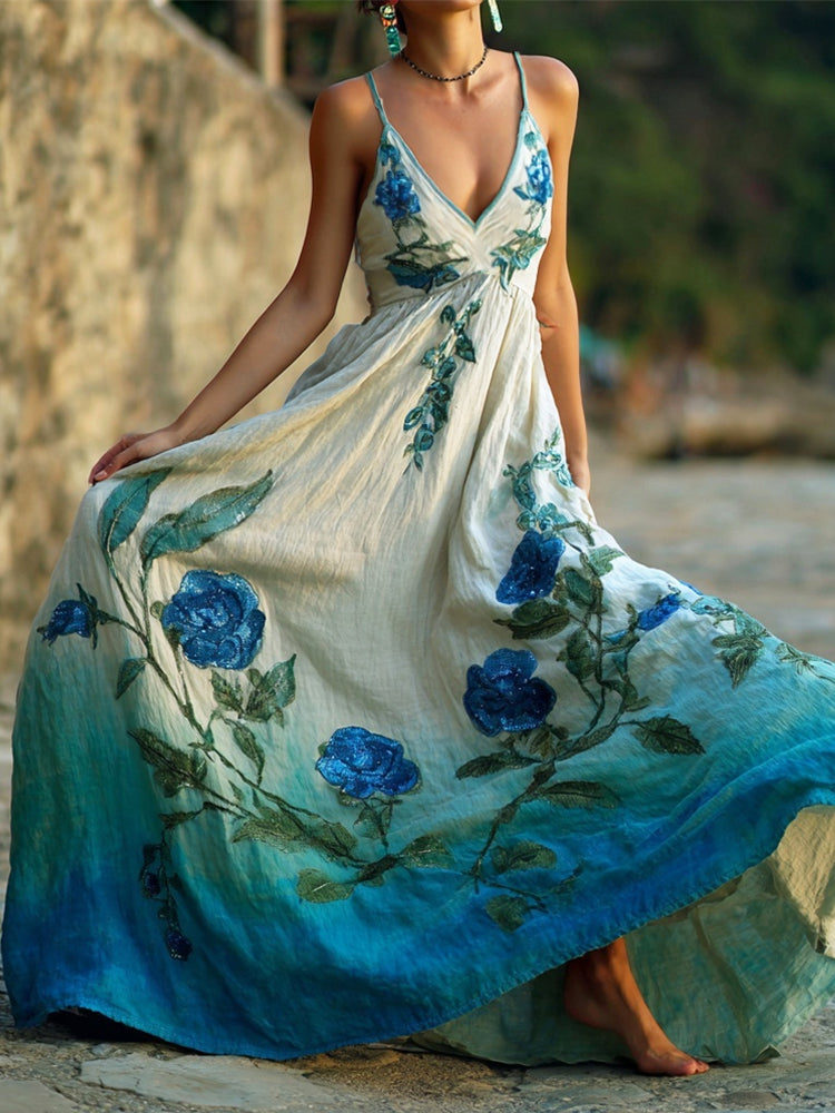Boho Floral Embroidery Gradient Women's Spaghetti Strap Maxi Dress artswardrobe