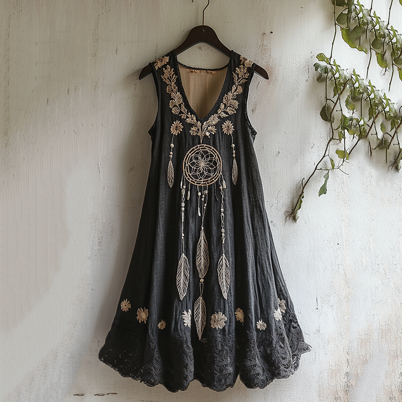 Women's Dreamcatcher Embroidered Flowy Linen Tank Dress artswardrobe