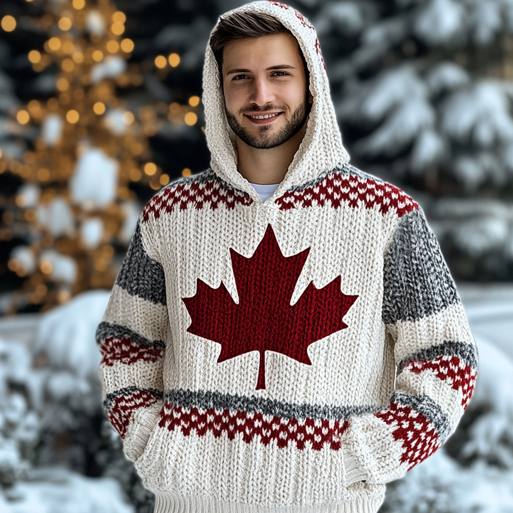 Men's Canadian Maple Leaf Stripe Jacquard Cozy Hooded Sweater elevenforest