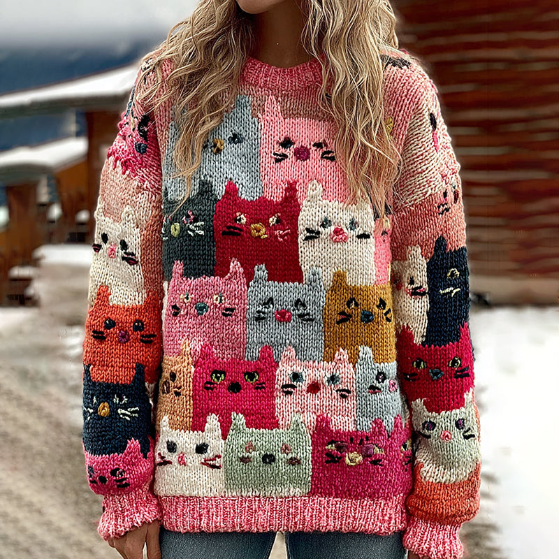 Colorful Winter Cats Pattern Art Cozy  Knit Sweater artswardrobe