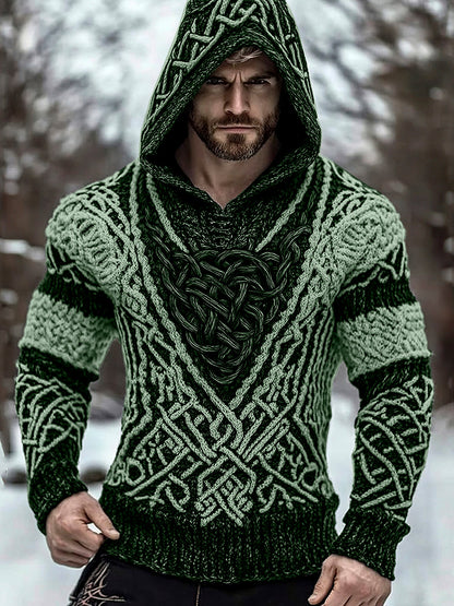 Men's Viking Jacquard Inspired Celtic Hooded Sweater artswardrobe
