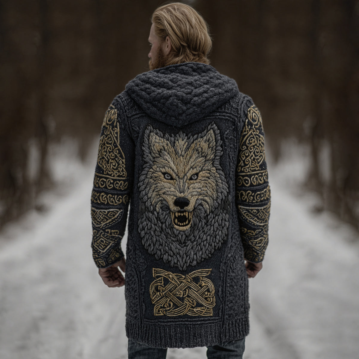 Men's Viking Style Celtic Knot Wolf Head Pocket Midi Cardigan artswardrobe
