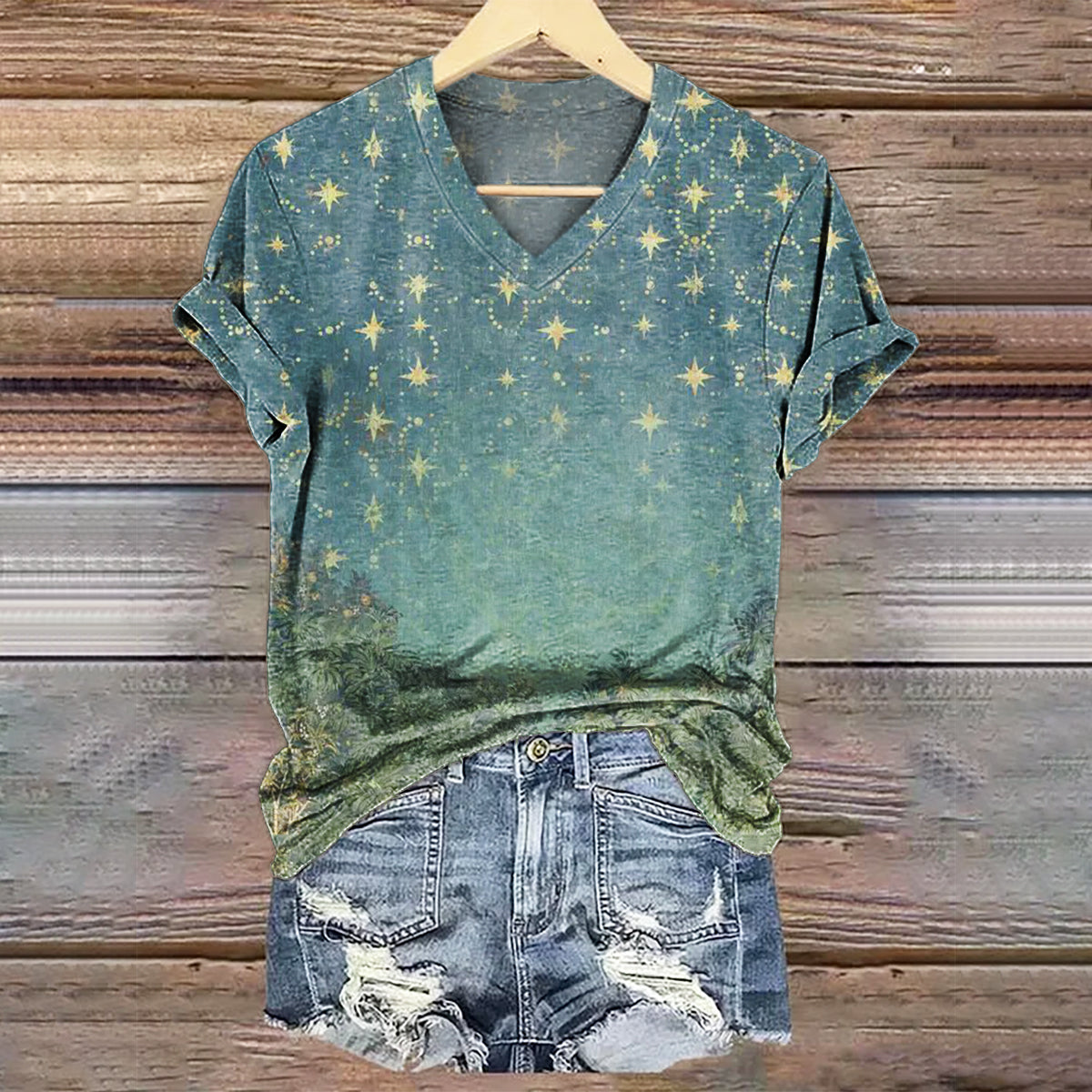 Women's Starry Night Woods Art Print V-Neck T-Shirt