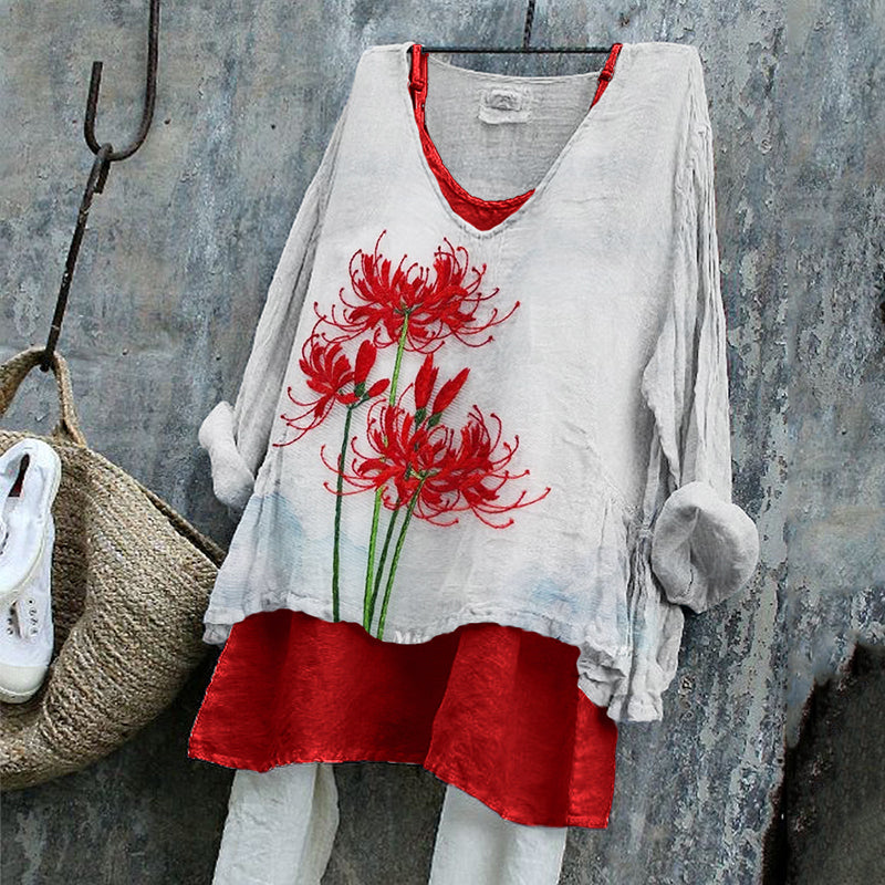 Comstylish Classy Spider Lily Japanese Embroidered Linen Tunic