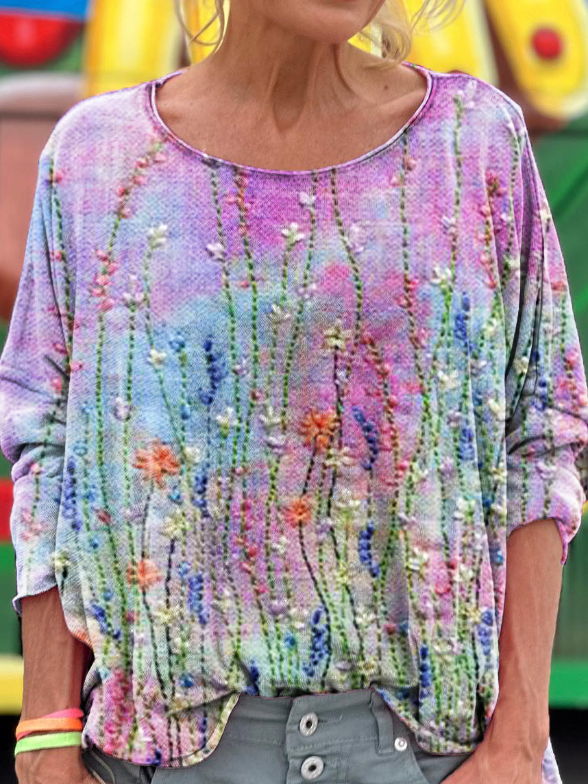 Women's Vintage Floral Art Print Casual Long Sleeve T-shirt