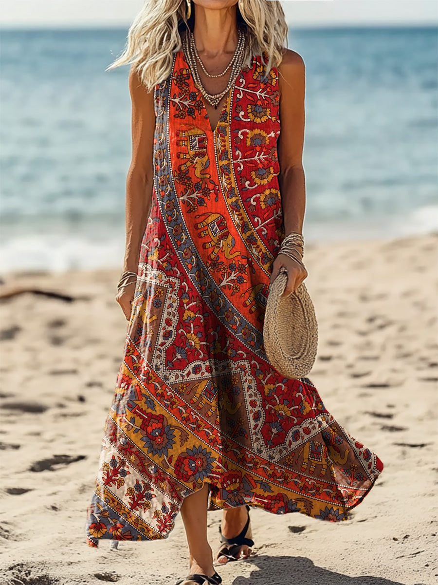 Women's Boho Ethnic Art Print V-Neck Sleeveless Cotton Pocket Holiday