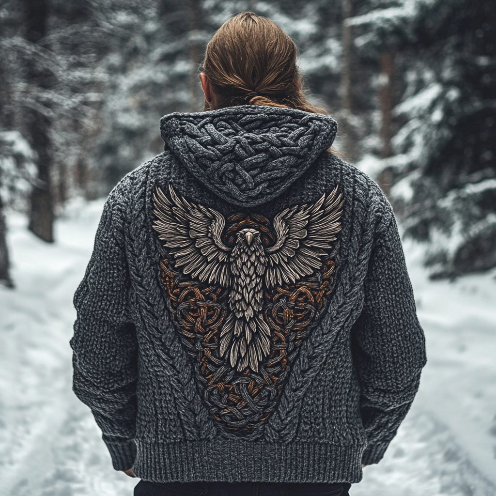 Men's Viking Tribal Eagle Celtic Chunky Knit Cozy Zip Up Cardigan Sweater artswardrobe
